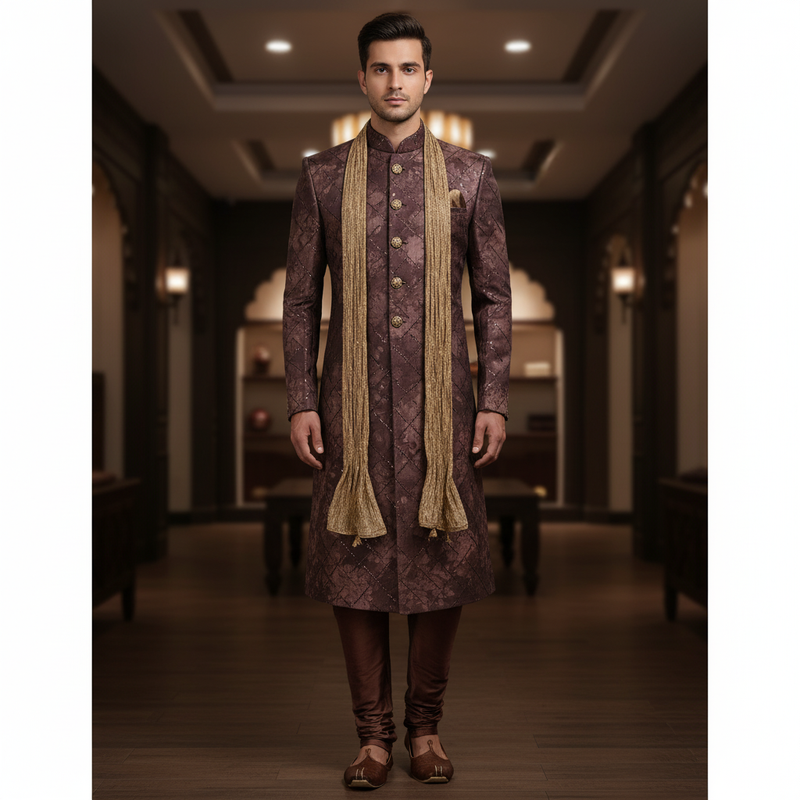 Achkan Fabric ManTire Velvet Fabric With Sequence Work Colour Coffee