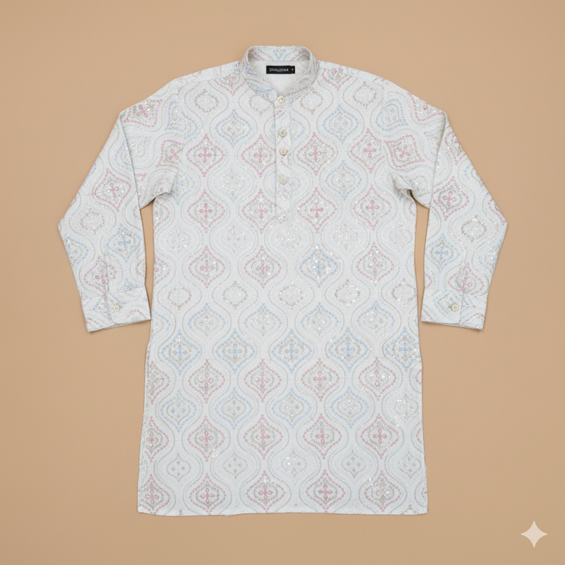 Kurta Fabric ManTire Designer Silk Embroidery Colour Blue N White