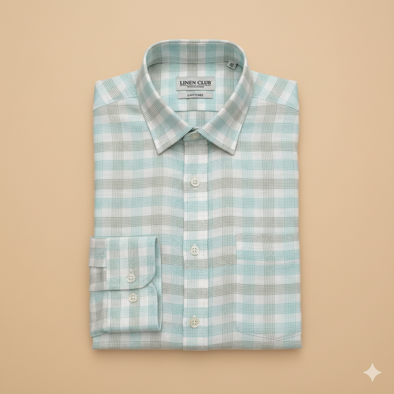Shirt & Kurta Fabric Linen Club Pure Linen Check Colour Mint Green N White