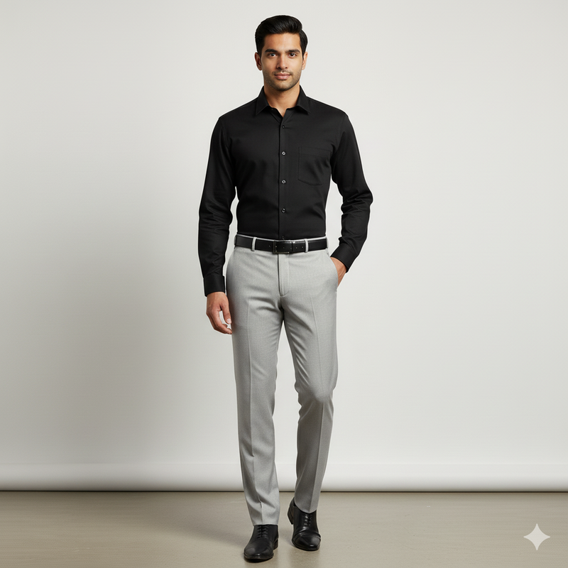 Pant Shirt Combo Pack Graviera Light Silver Pant, Plain Poly Cotton Black Shirt Fabric