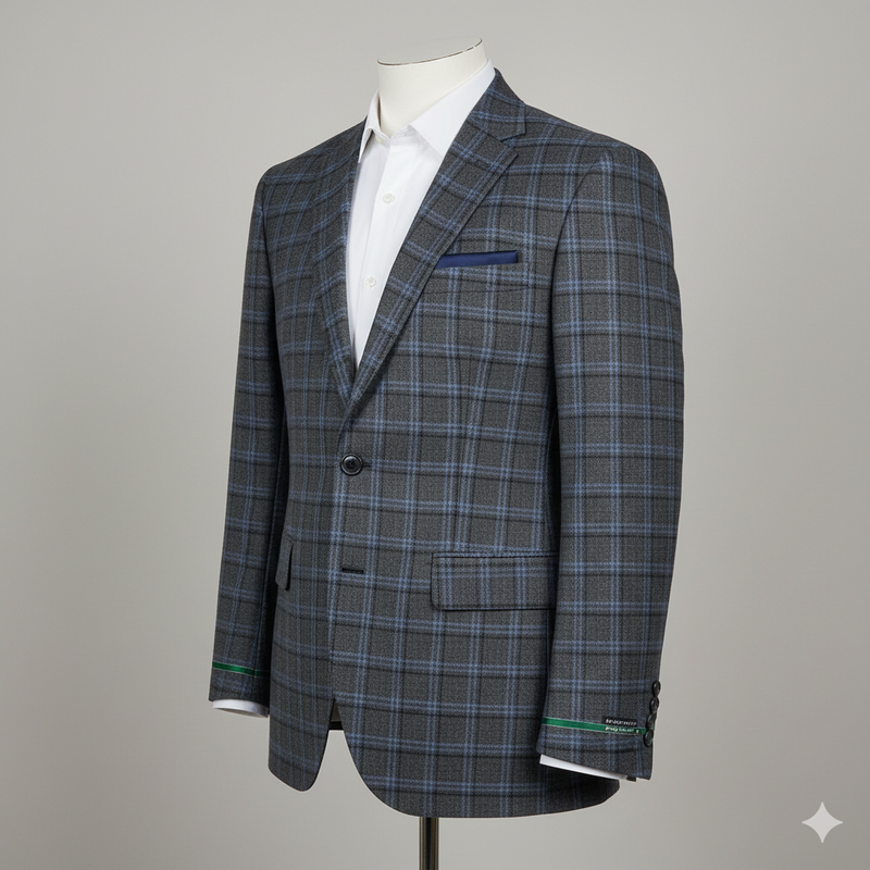 Tweed Blazer Fabric Raymond Wool Blended Broad Check Colour Grey N Blue