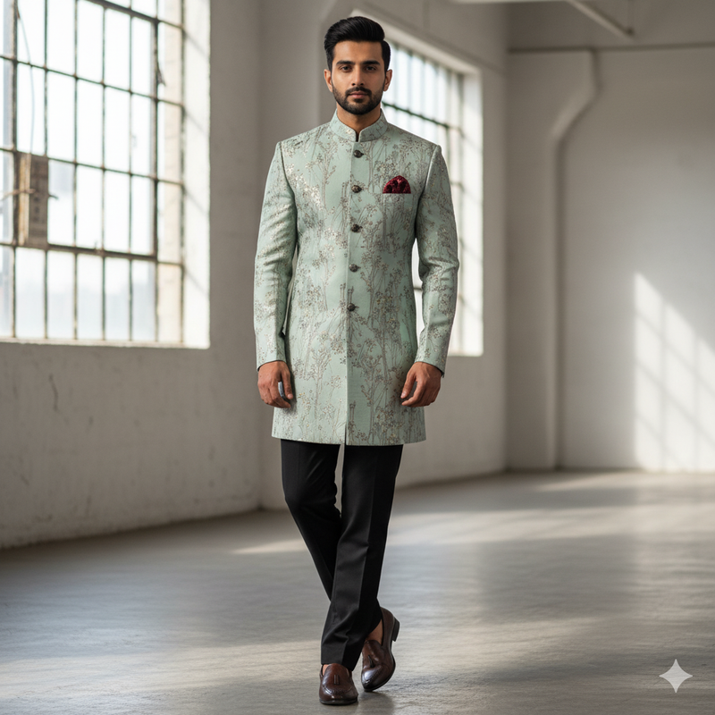 Achkan Fabric ManTire Velvet Fabric With Embroidery work Colour Gin Green