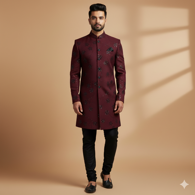 Achkan Fabric ManTire Velvet Fabric With Embroidery Work Colour Reddish Maroon