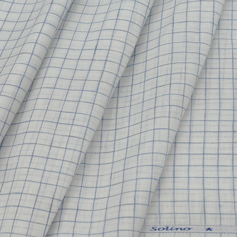 Shirt Fabric Solino Pure Linen Check Colour White N Light Blue