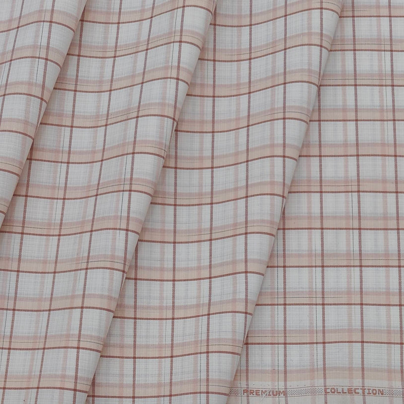 Shirt Fabric ManTire Poly Cotton Wrinkle Free Check Colour Light Brown N Muted Orange