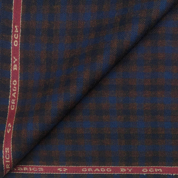 Tweed Blazer Fabric OCM 100% Wool Check Colour Mocha Brown N Blue