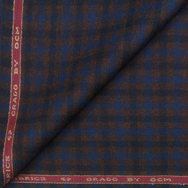 Tweed Blazer Fabric OCM 100% Wool Check Colour Mocha Brown N Blue