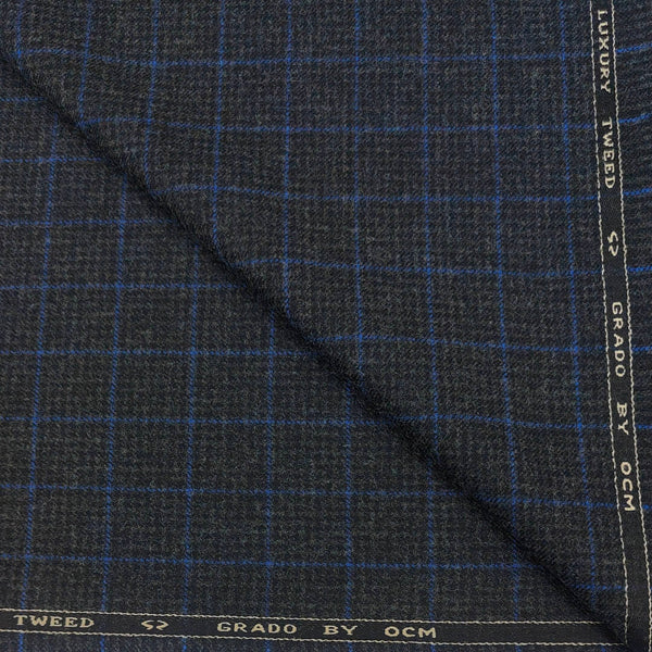 Tweed Blazer Fabric OCM Wool Blended Check Colour Charcoal Grey N Blue