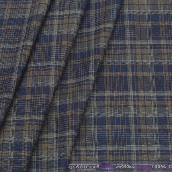 Shirt Fabric Soktas Giza Cotton Mix Check Colour Indigo Blue N Light Brown