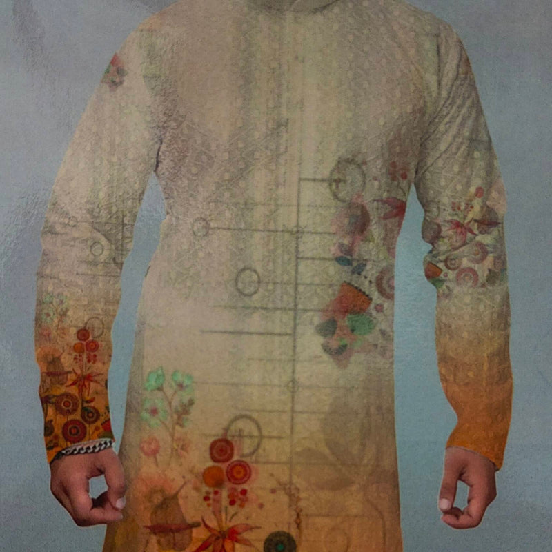 Kurta Fabric ManTire Designer PV Printed Colour Peach N Orange