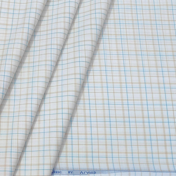 Shirt Fabric Arvind Cotton Blended Check Colour Firozi N Light Brown