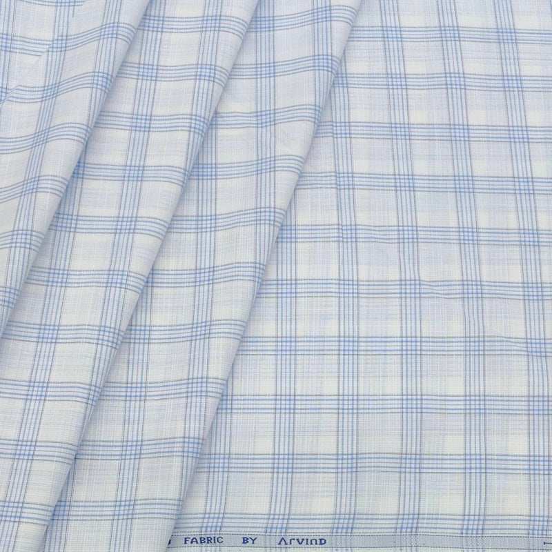 Shirt Fabric Arvind Cotton Blended Broad Check Colour Light Blue N White