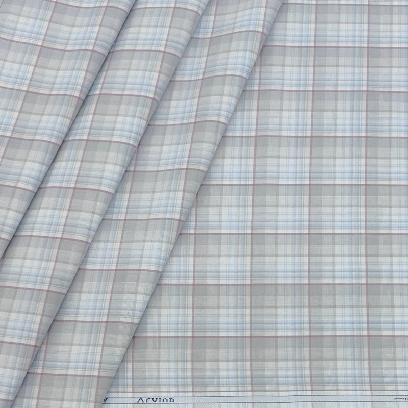 Shirt Fabric Arvind Cotton Blended Check Colour Light Blue N Light Grey