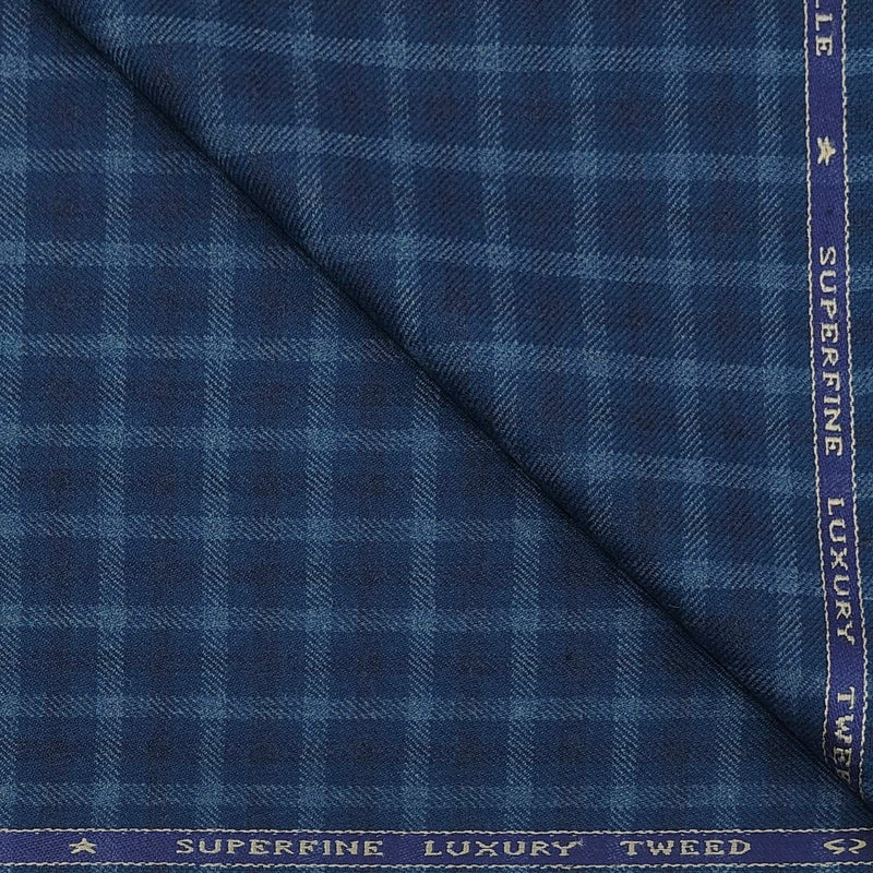 Tweed Blazer Fabric OCM Wool Blended Broad Check Colour Yale Blue