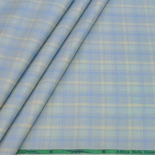 Shirt Fabric Grasim 100% Cotton Check Colour Blue N Greenish Grey