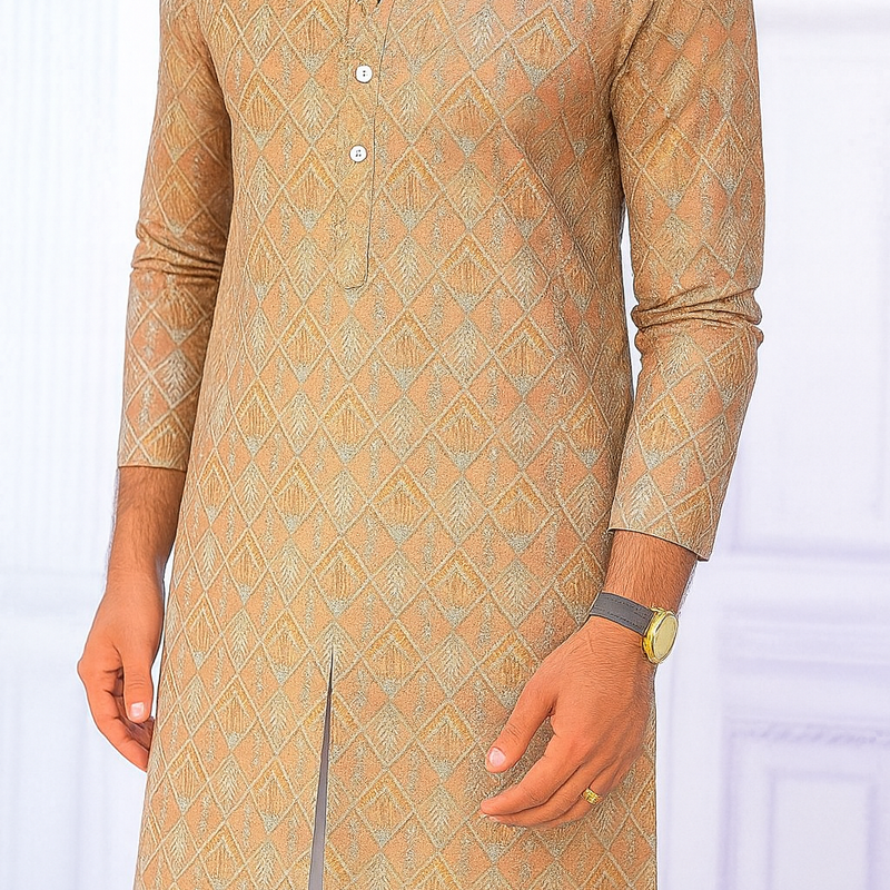 Kurta Fabric ManTire Designer Silk Embroidery Colour Peach