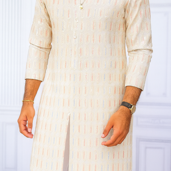Kurta Fabric ManTire Designer Silk Embroidery Colour Off White