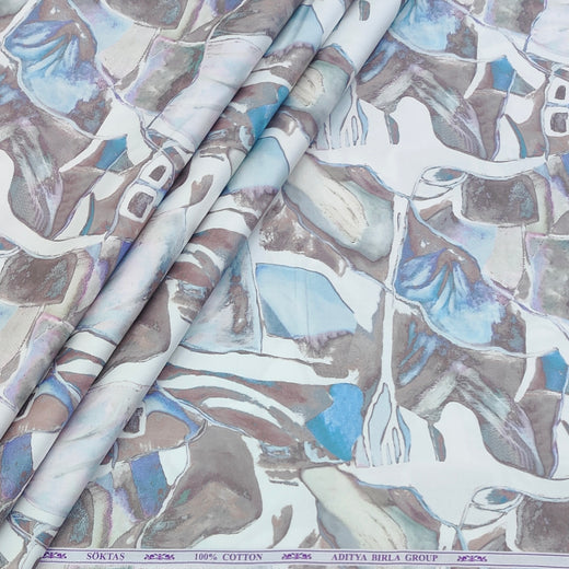 Shirt Fabric Soktas Finest 60s Giza Cotton Digital Print Colour Water Blue, Dusty Brown N White