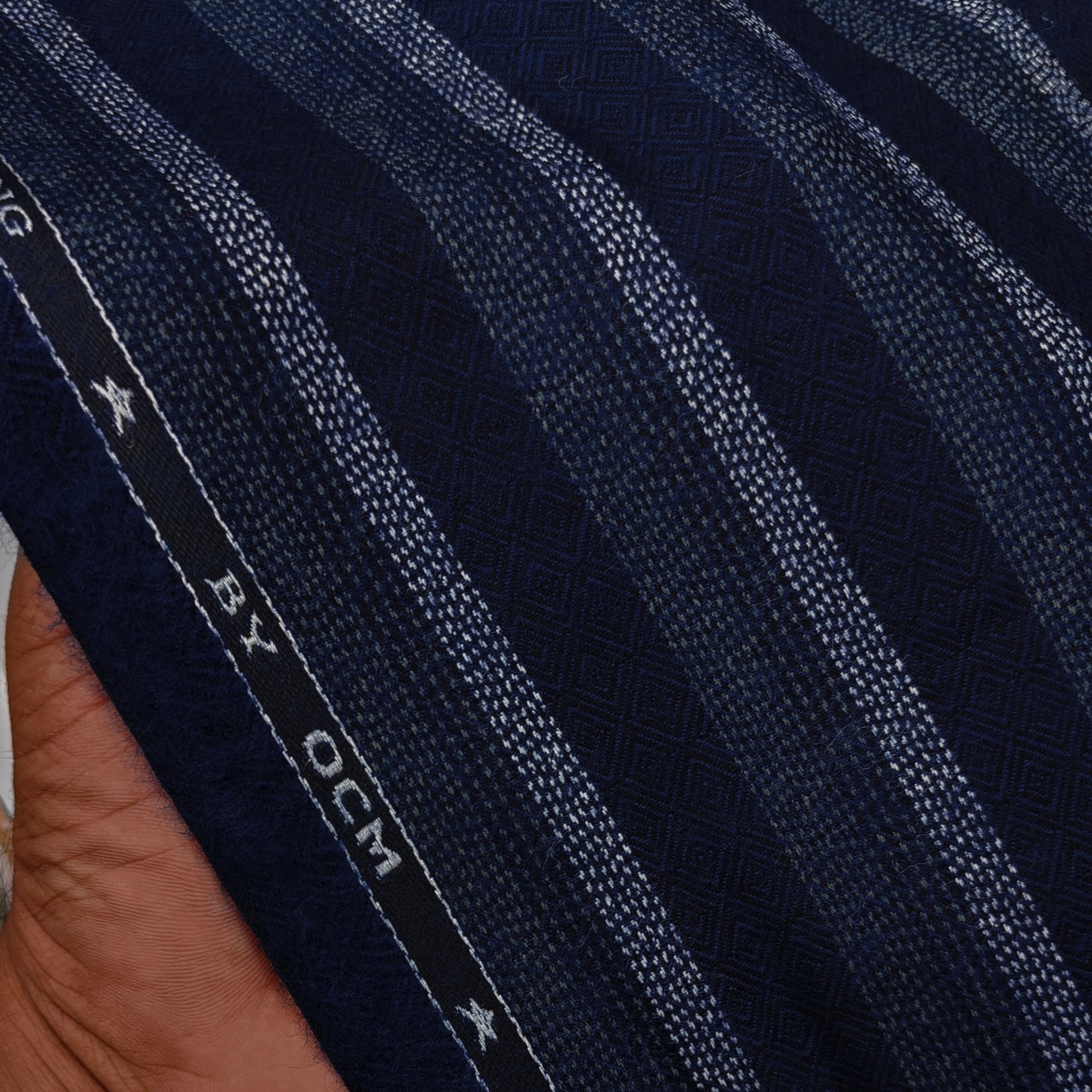 Warm Shirt Fabric Ocm Broad Stripes With Diamond Dobby Colour Midnight Blue