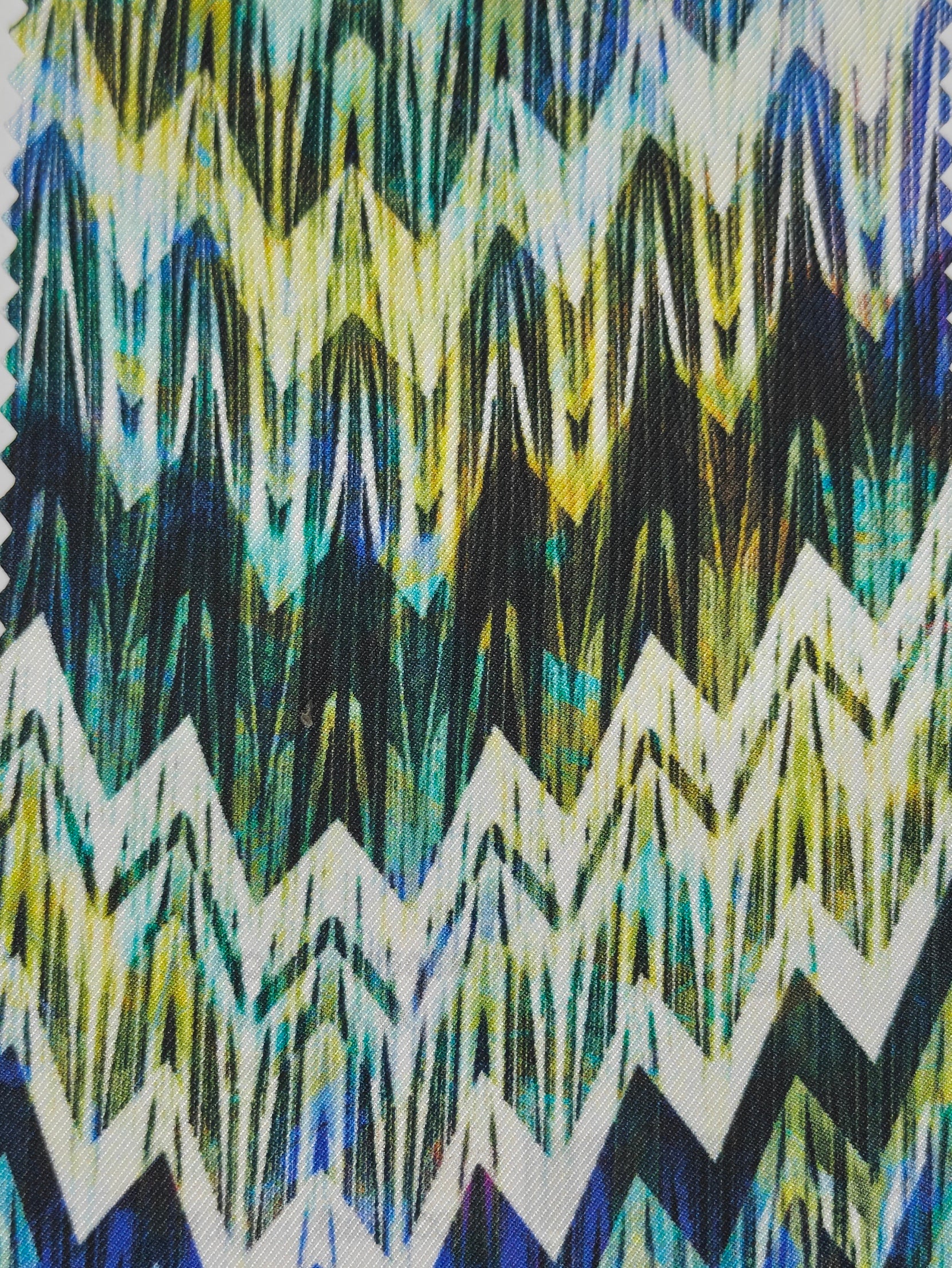 Shirt Fabric Raymond Regio Italia 100% Silk Digital Missoni-Style Zig-Zag Printed Colour Blue, Teal, Lian