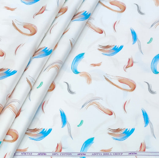 Shirt Fabric Soktas Finest 60s Giza Cotton Digital Print Colour Cyan Blue, Soft Grey N White