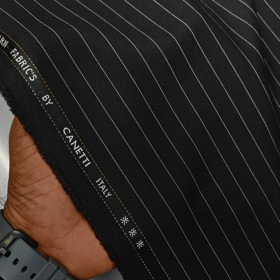Canetti Italy Luxury 2Ply TR Fine Stripes Suiting Fabric Colour Black