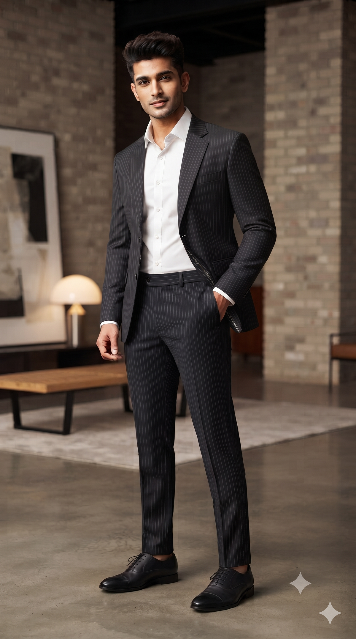 Canetti Italy Luxury 2Ply TR Fine Stripes Suiting Fabric Colour Black