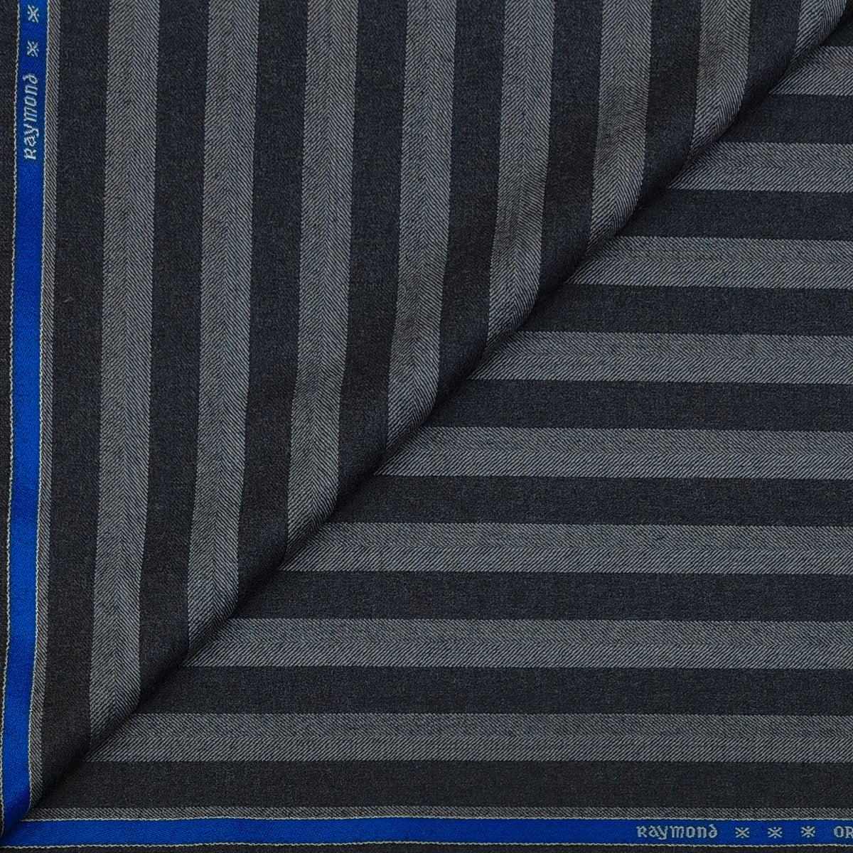 Tweed Blazer Fabric Raymond 100% Wool Patta Stripes With Hereingbone Colour Grey