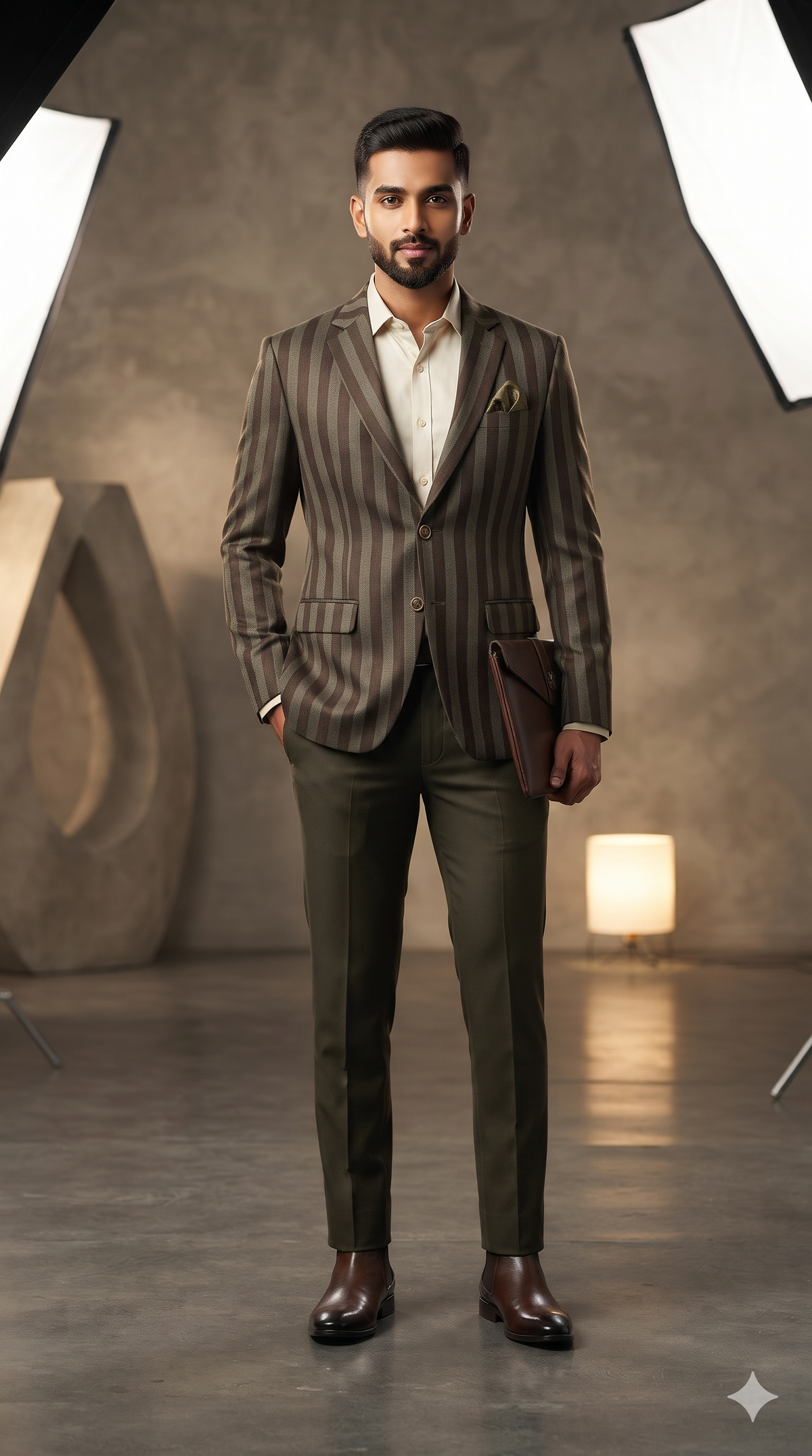 Tweed Blazer Fabric Raymond 100% Wool Patta Stripes With Hereingbone Colour Chocolate Brown N Khaki