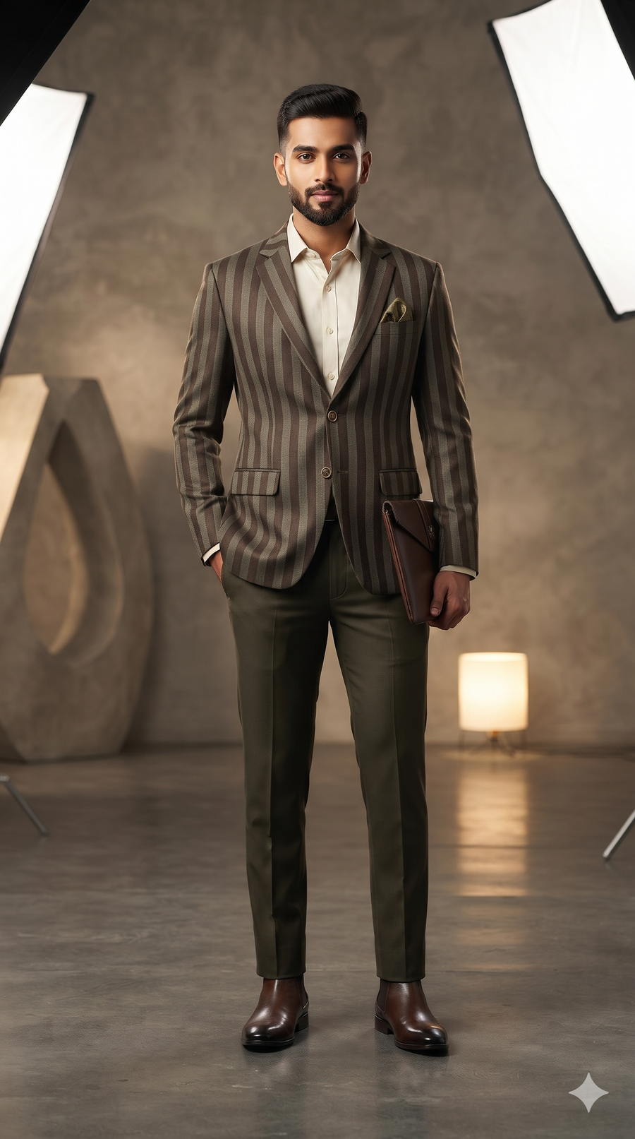 Tweed Blazer Fabric Raymond 100% Wool Patta Stripes With Hereingbone Colour Chocolate Brown N Khaki