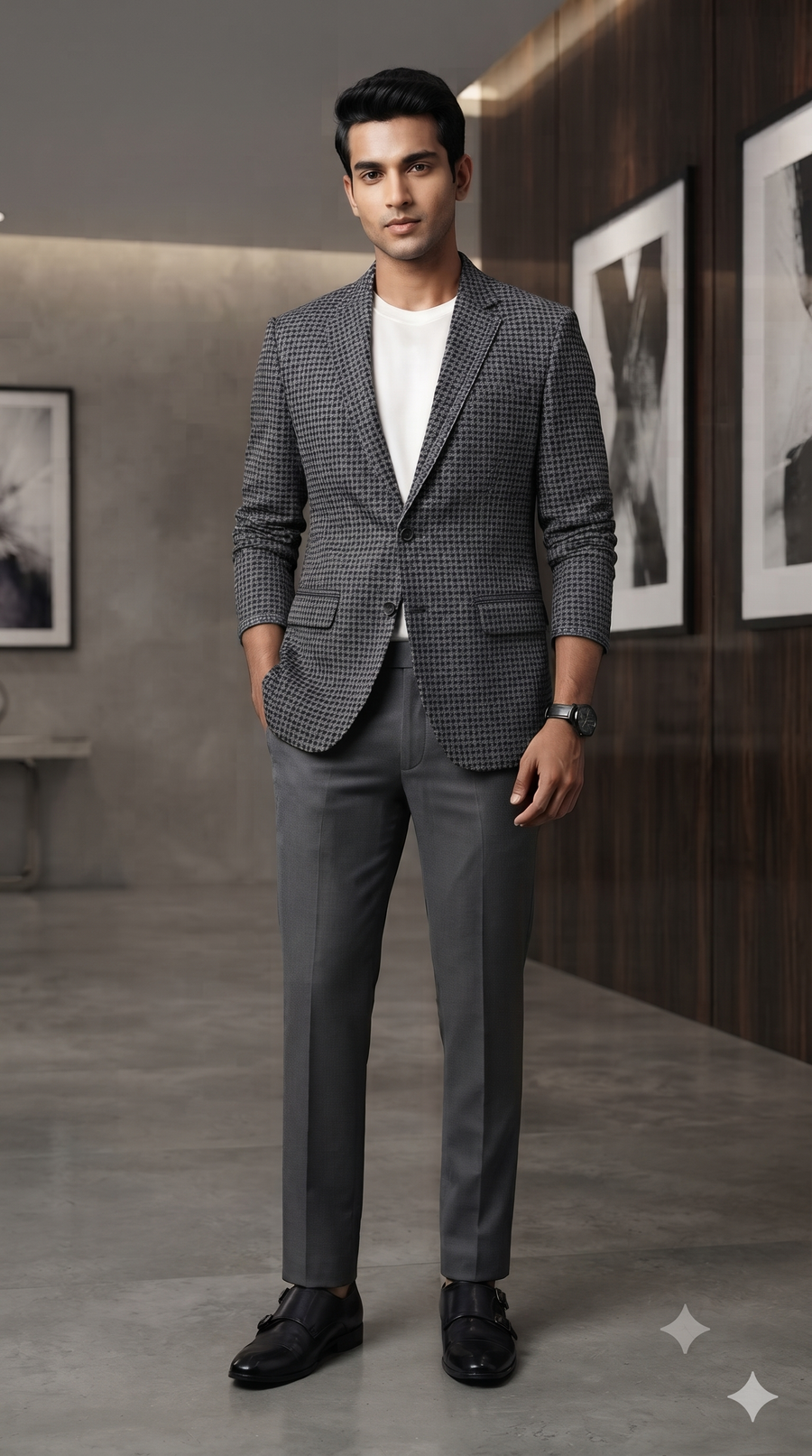 Tweed Blazer Fabric Raymond 52% Wool Windowpane Check Colour Black