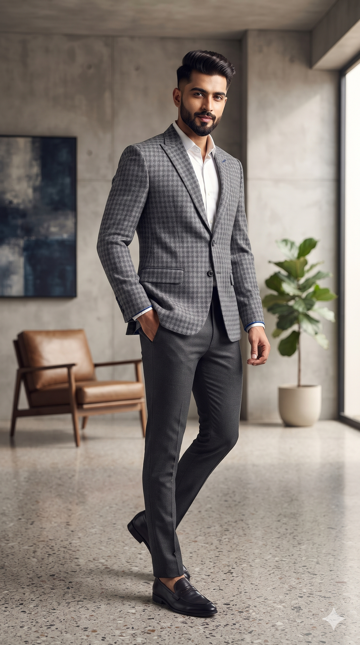 Tweed Blazer Fabric Raymond 52% Wool Windowpane Check Colour Grey