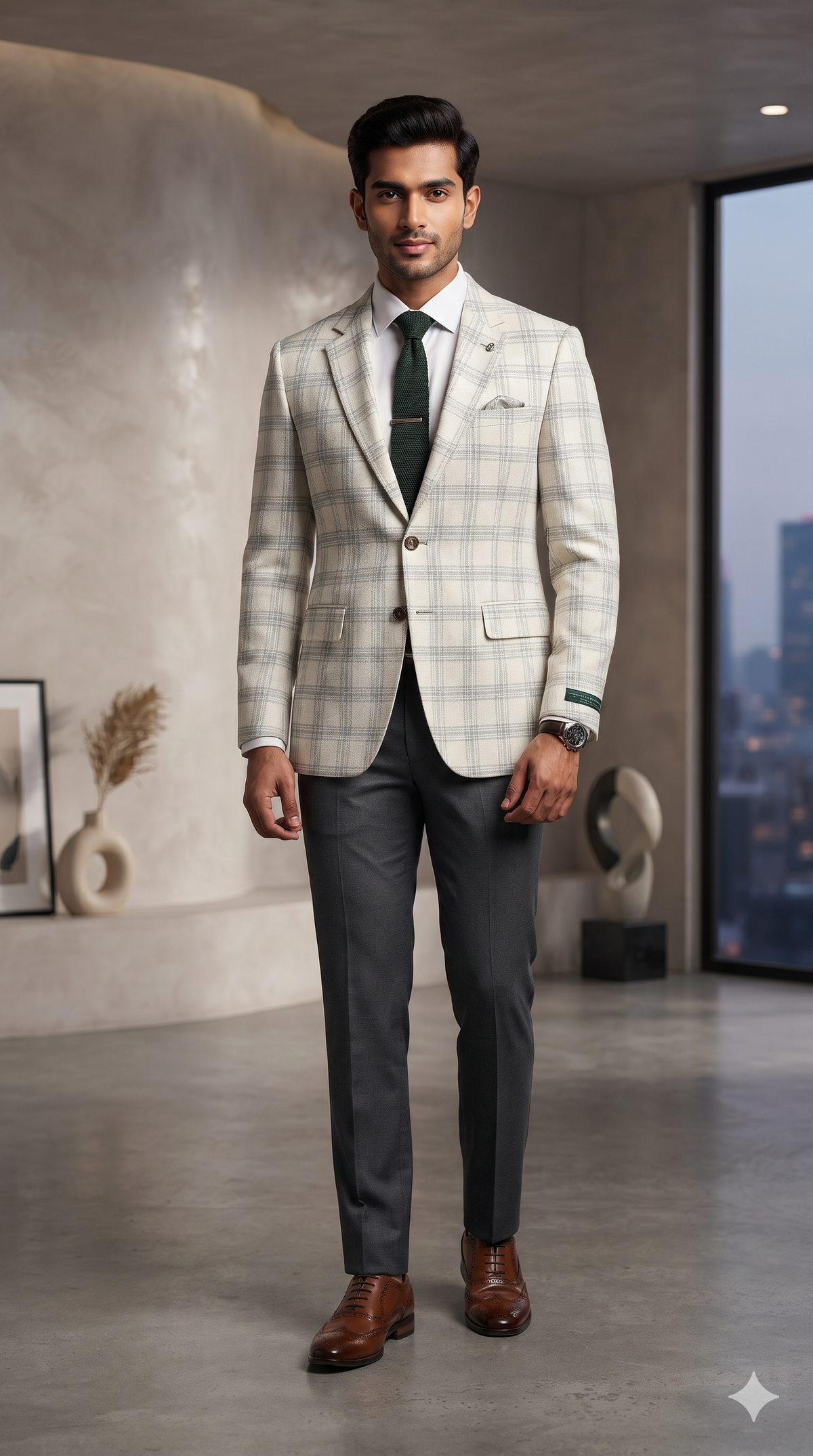 Tweed Blazer Fabric OCM Premium Wool Blended Broad Check Colour Lime Cream
