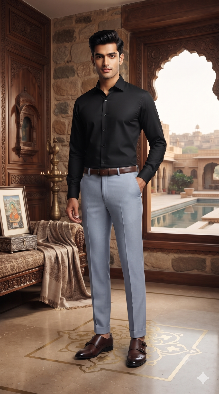 Pant Shirt Combo Vimal Bluish Silver Stretchable TR Trouser With Black Plain Poly Viscose Shirt Fabric