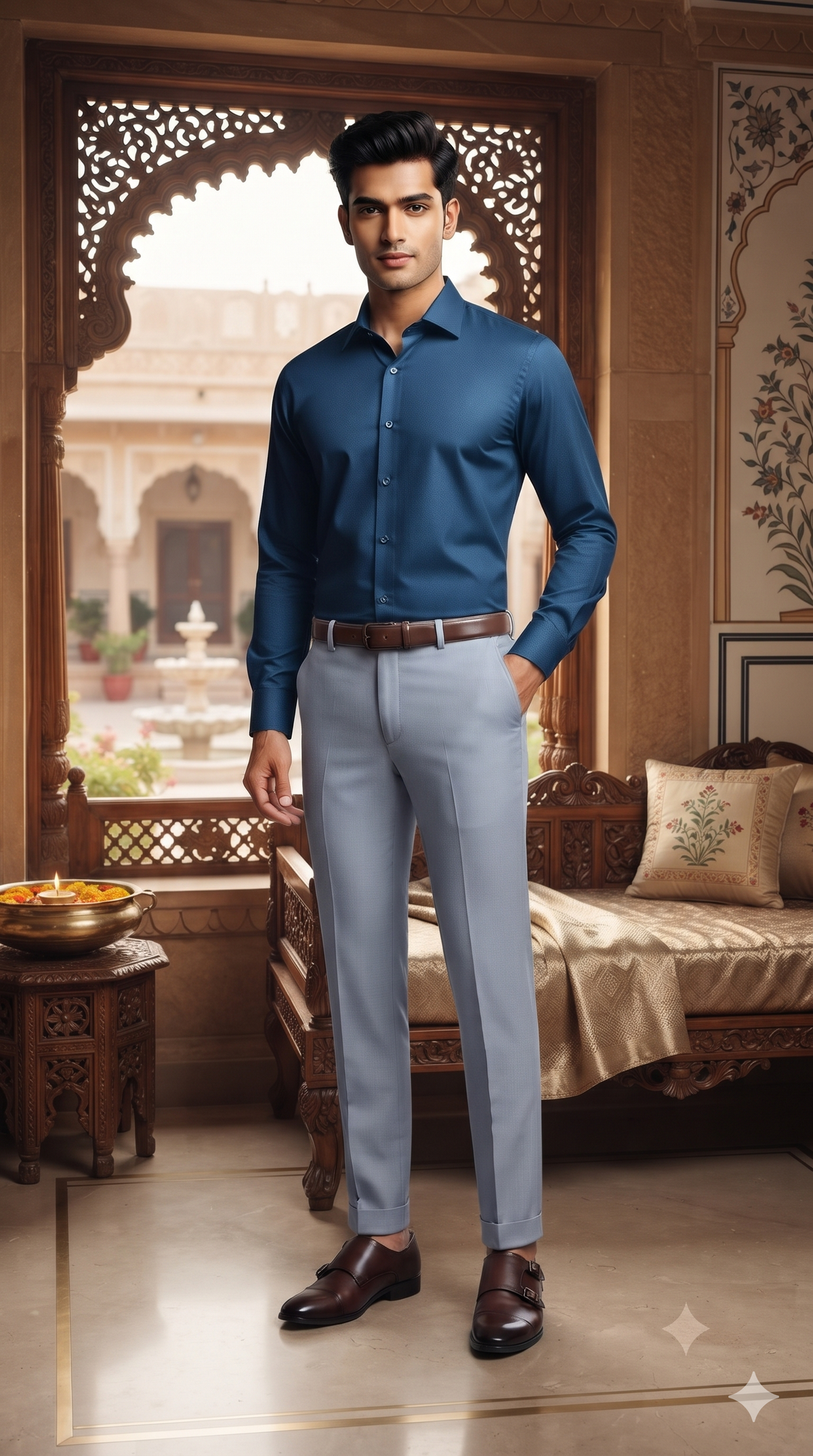 Pant Shirt Combo Vimal Bluish Silver Stretchable TR Trouser With Sapphire Blue Plain Poly Viscose Shirt Fabric