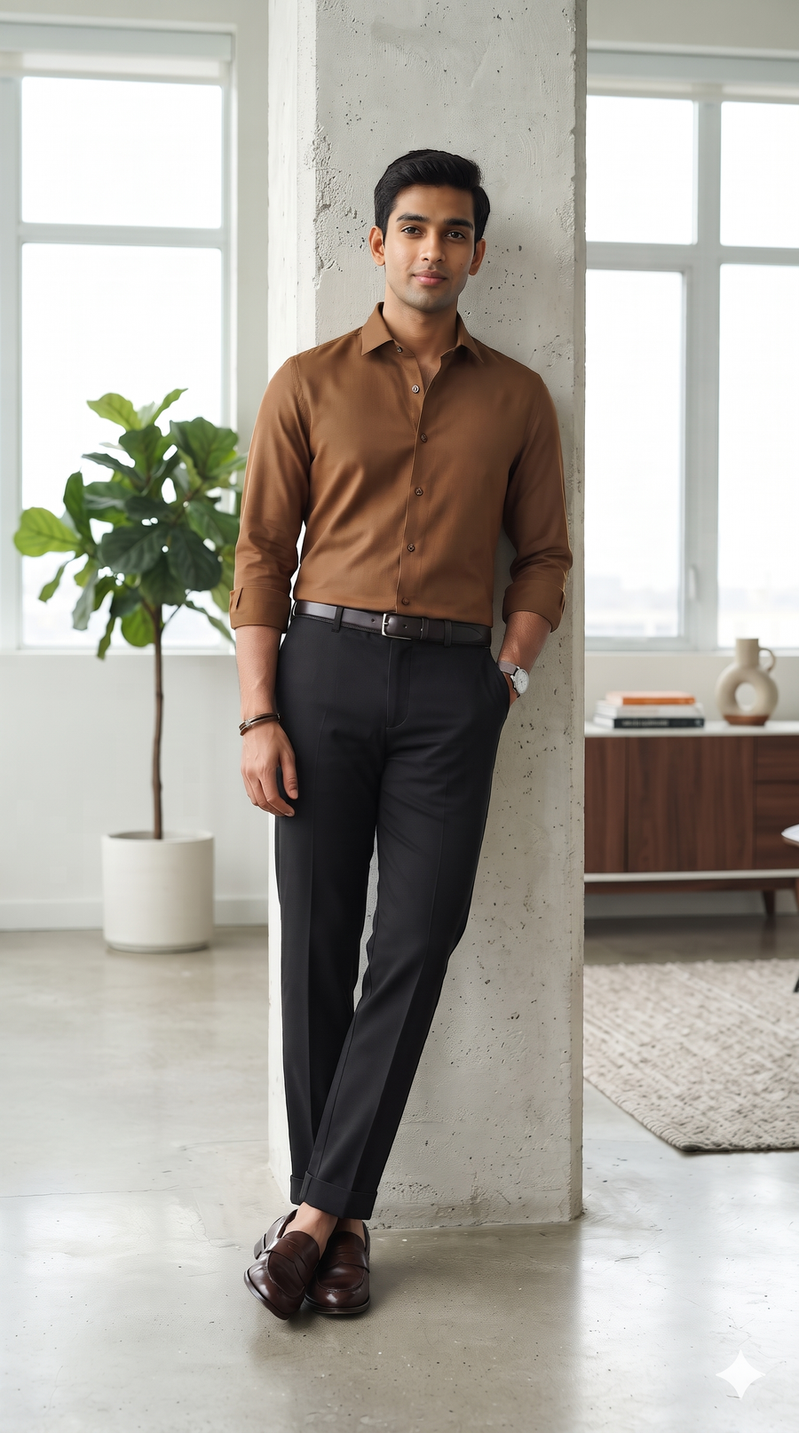 Pant Shirt Combo Siyaram Black Matti Trouser With Peanut Brown Plain Poly Viscose Shirt Fabric