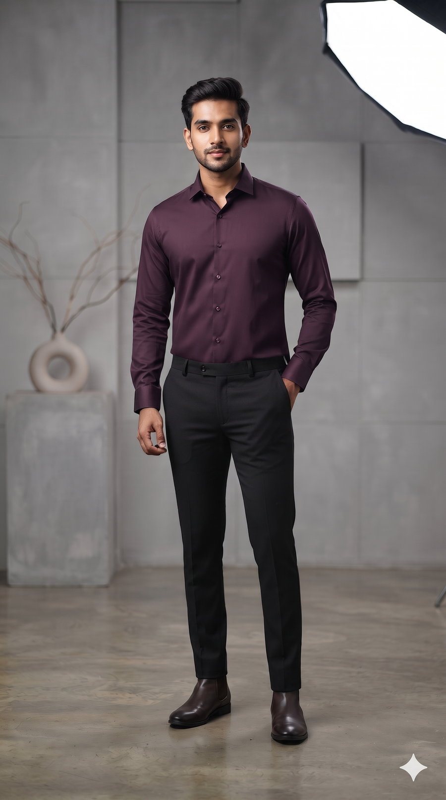Pant Shirt Combo Siyaram Black Matti Trouser With Dark Wine Plain Poly Viscose Shirt Fabric
