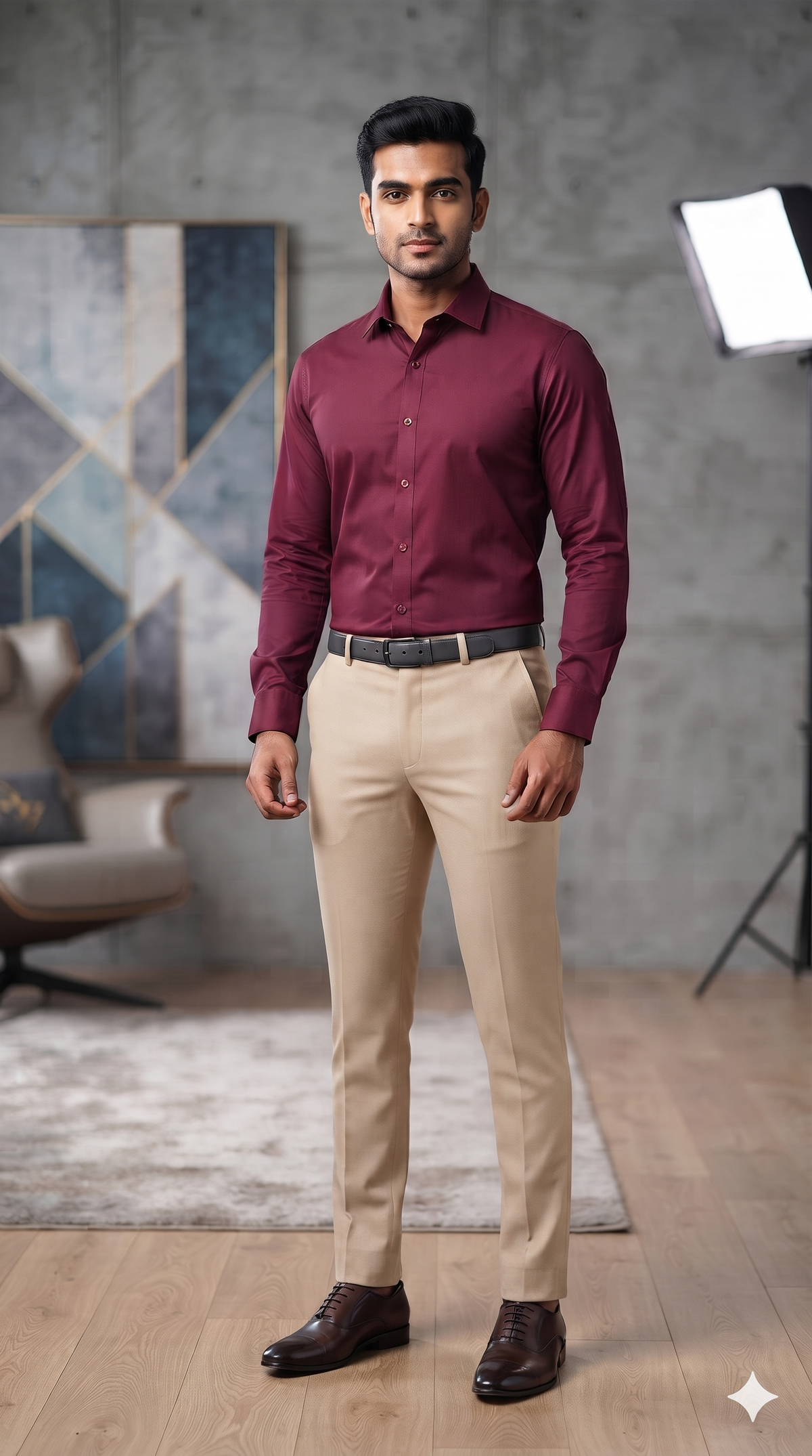 Pant Shirt Combo Vimal Light Brown TR Trouser With Reddish Maroon Plain Poly Viscose Shirt Fabric