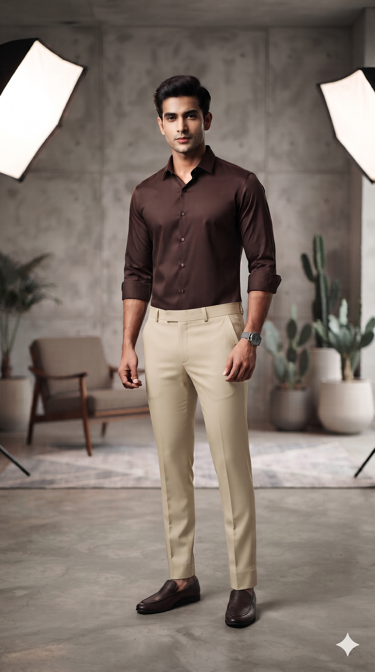 Pant Shirt Combo Vimal Light Brown TR Trouser With Dark Coffee Plain Poly Viscose Shirt Fabric