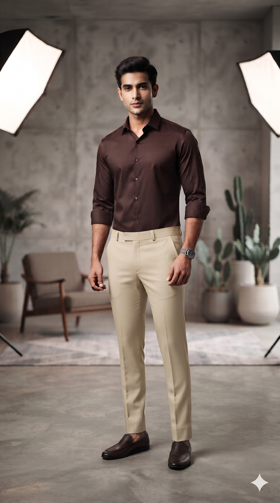 Pant Shirt Combo Vimal Light Brown TR Trouser With Dark Coffee Plain Poly Viscose Shirt Fabric