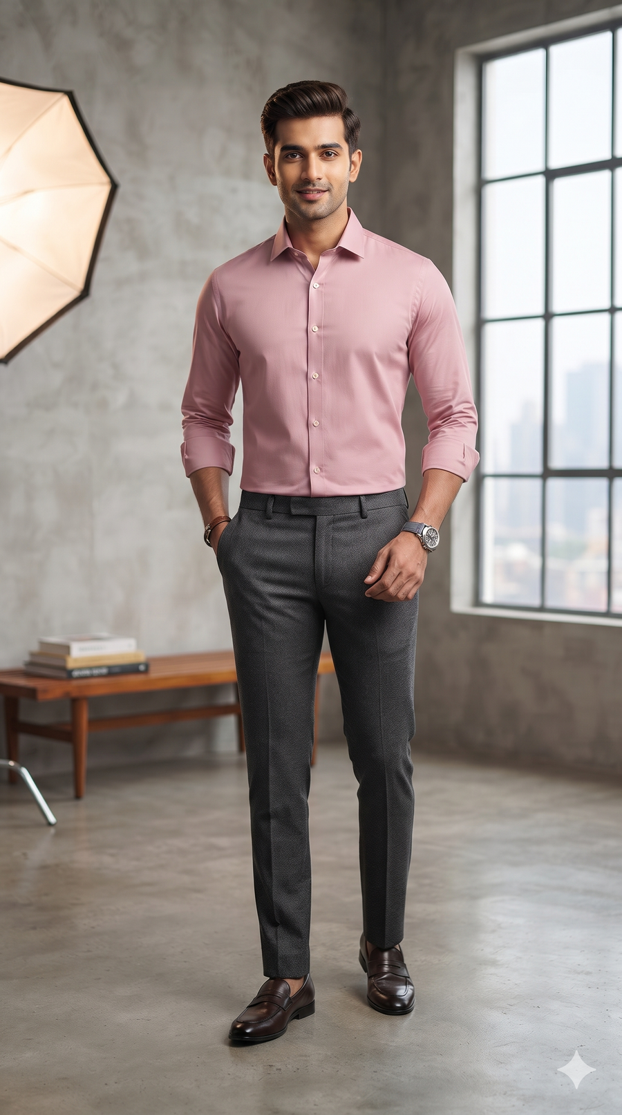 Pant Shirt Combo Vimal Zinc Grey Stretchable TR Trouser With Soft Pink Plain Poly Viscose Shirt Fabric