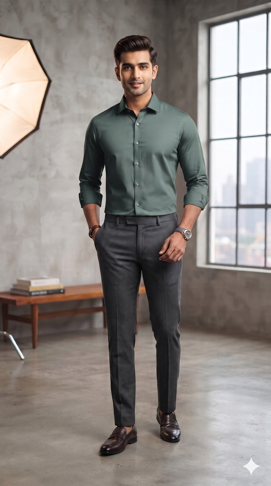 Pant Shirt Combo Vimal Zinc Grey Stretchable TR Trouser With Sage Green Plain Poly Viscose Shirt Fabric