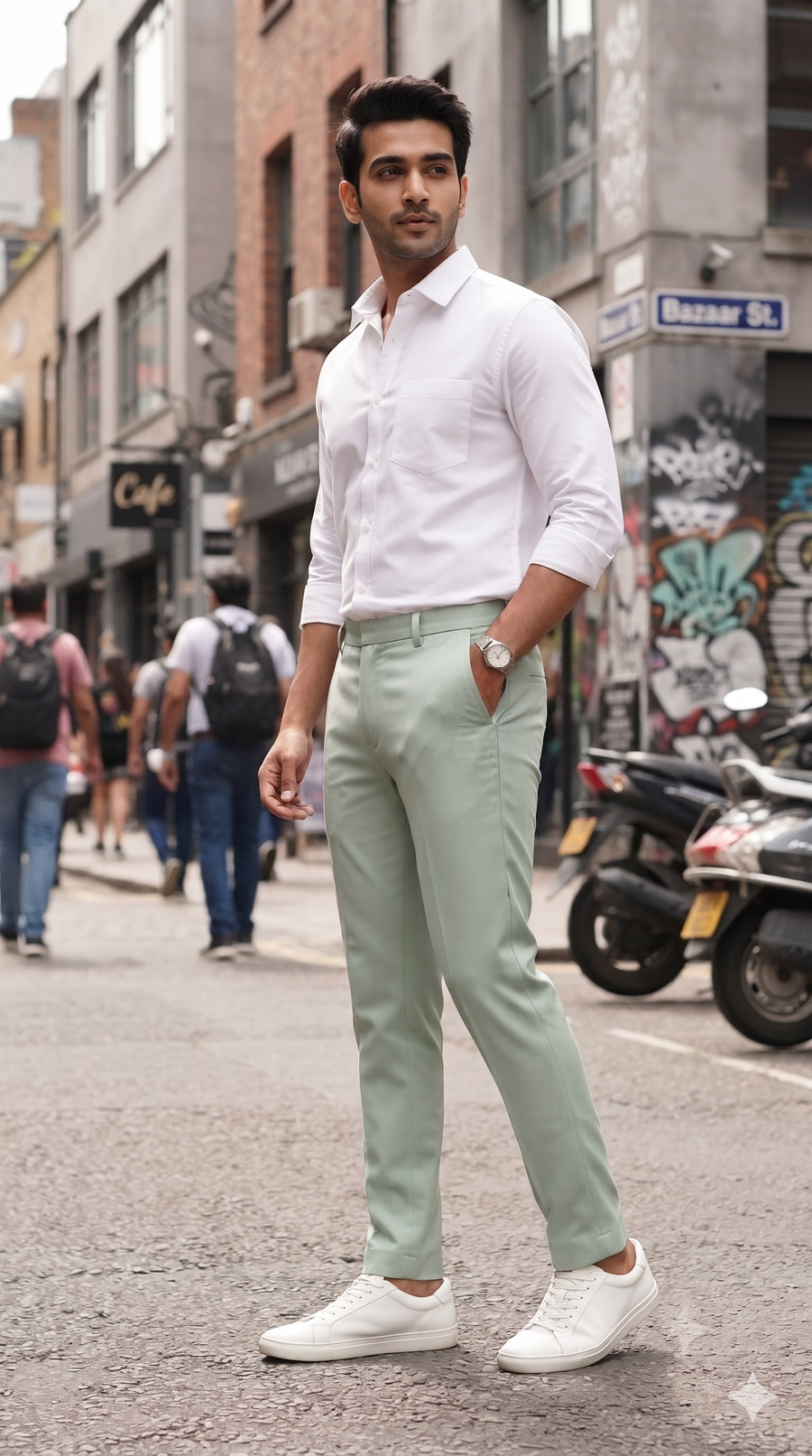 Pant Shirt Combo Vimal Pista Green Stretchable TR Trouser With Mantire Plain White Cotton Shirt Fabric