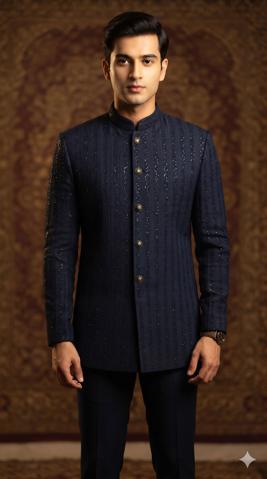 Achkan & Bandhgala Fabric ManTire Silk Fabric With Sequence Colour Midnight Blue