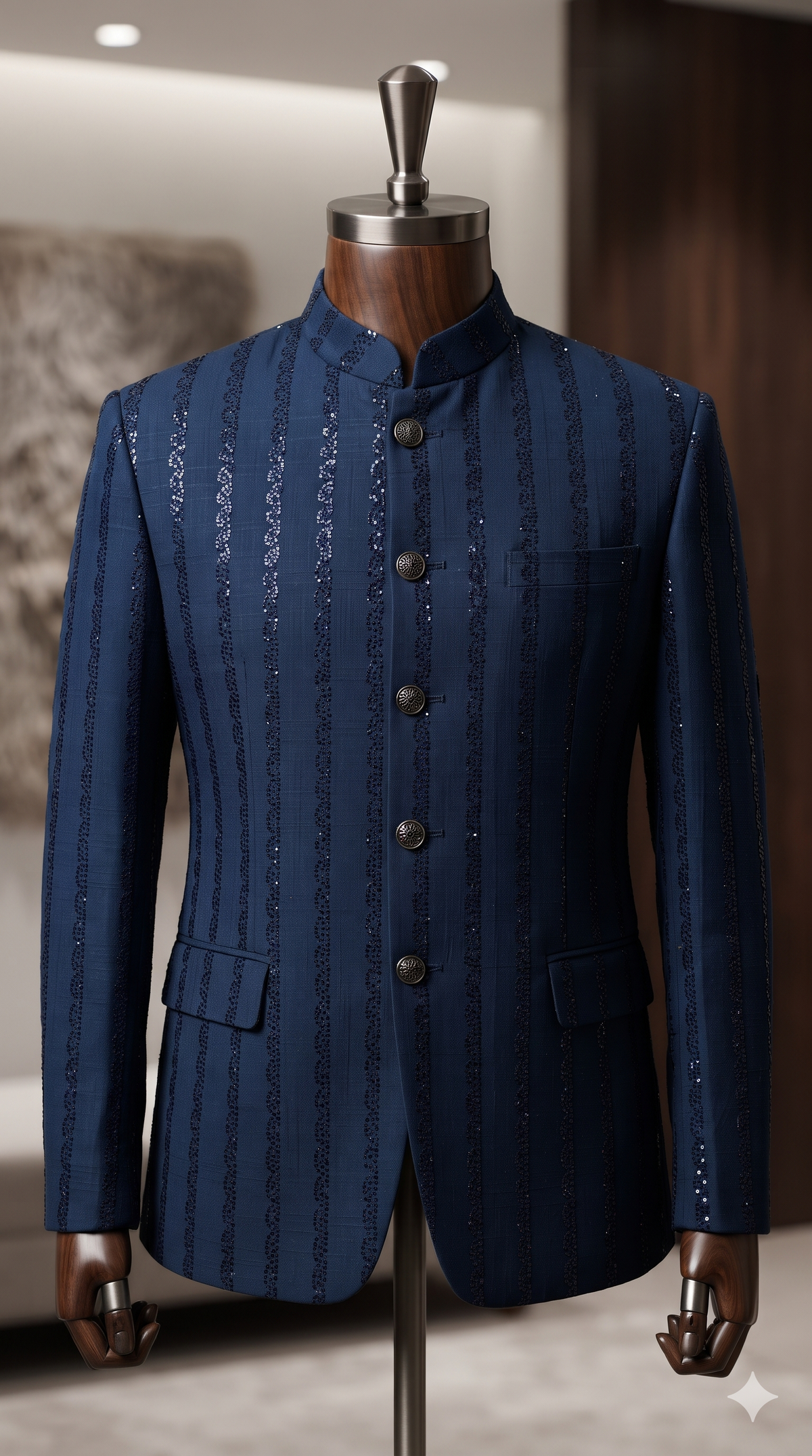 Achkan & Bandhgala Fabric ManTire Silk Fabric With Sequence Colour Prussian Blue