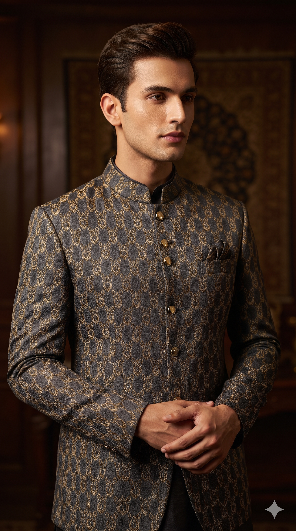 Achkan & Bandhgala Fabric ManTire Satin Fabric With Brocade work Colour Coffee N Brown