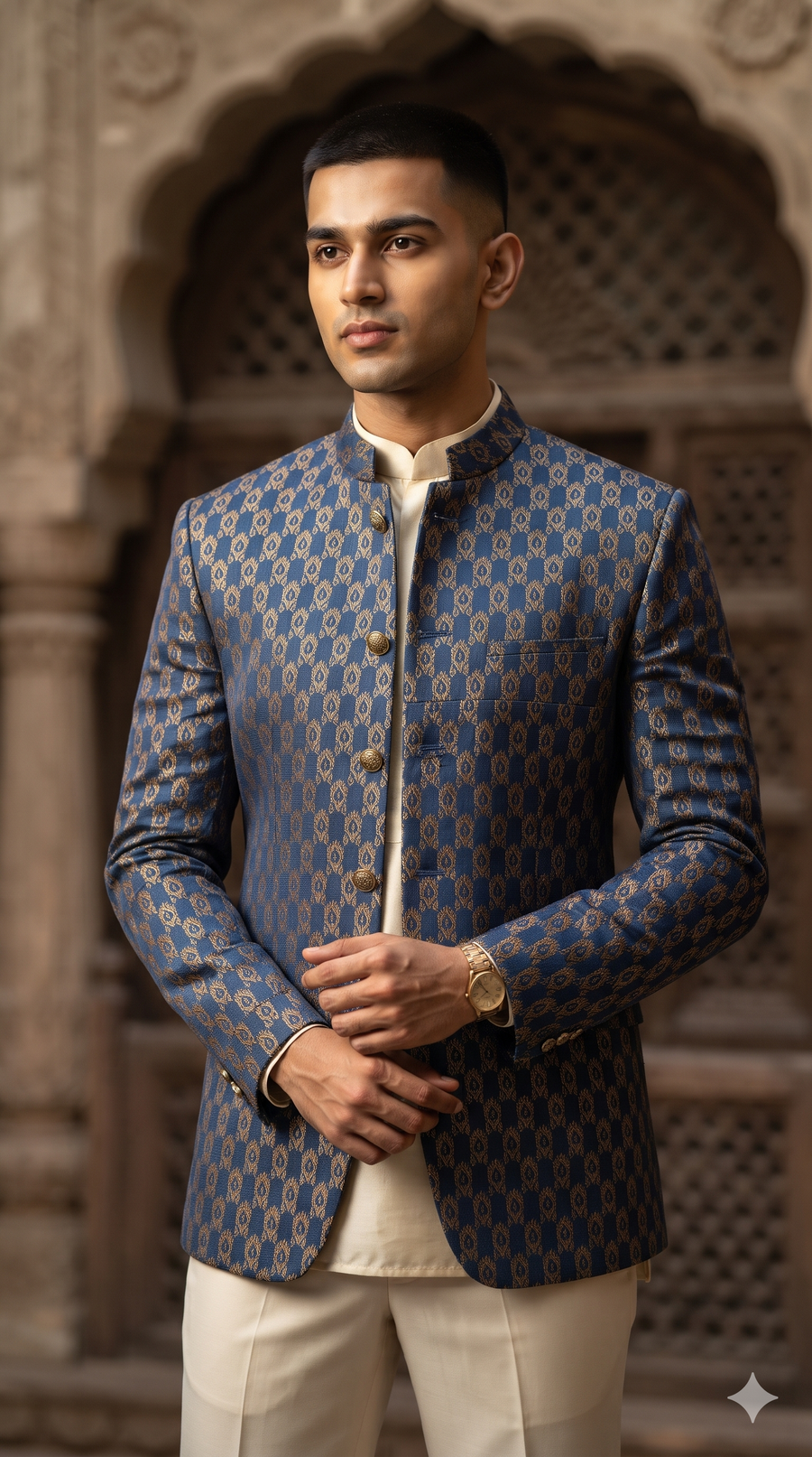 Achkan & Bandhgala Fabric ManTire Satin Fabric With Brocade work Colour Royal Blue N Golden