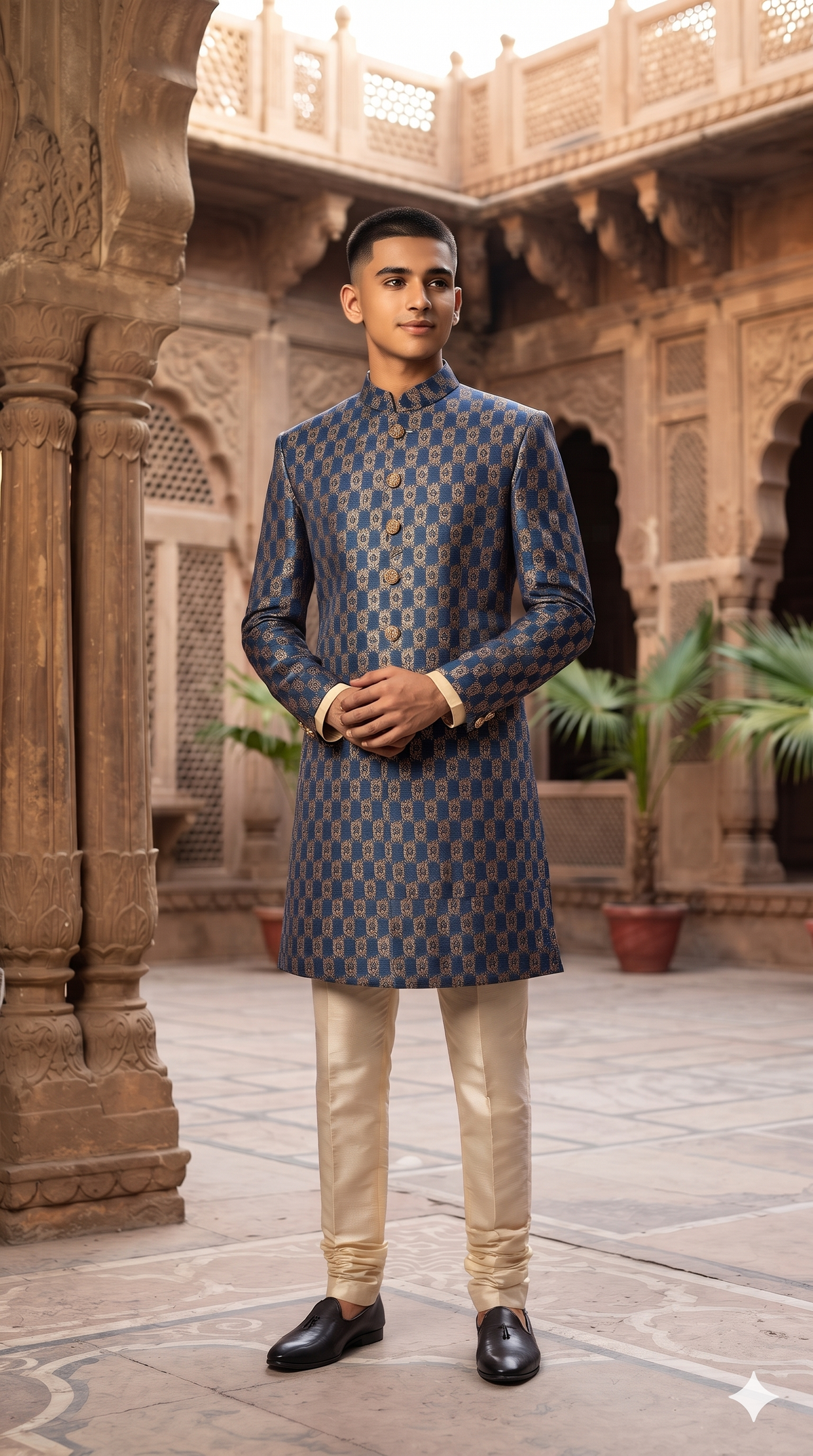 Achkan & Bandhgala Fabric ManTire Satin Fabric With Brocade work Colour Royal Blue N Golden