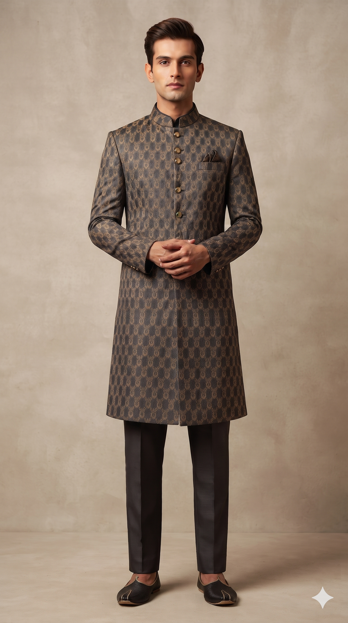 Achkan & Bandhgala Fabric ManTire Satin Fabric With Brocade work Colour Coffee N Brown
