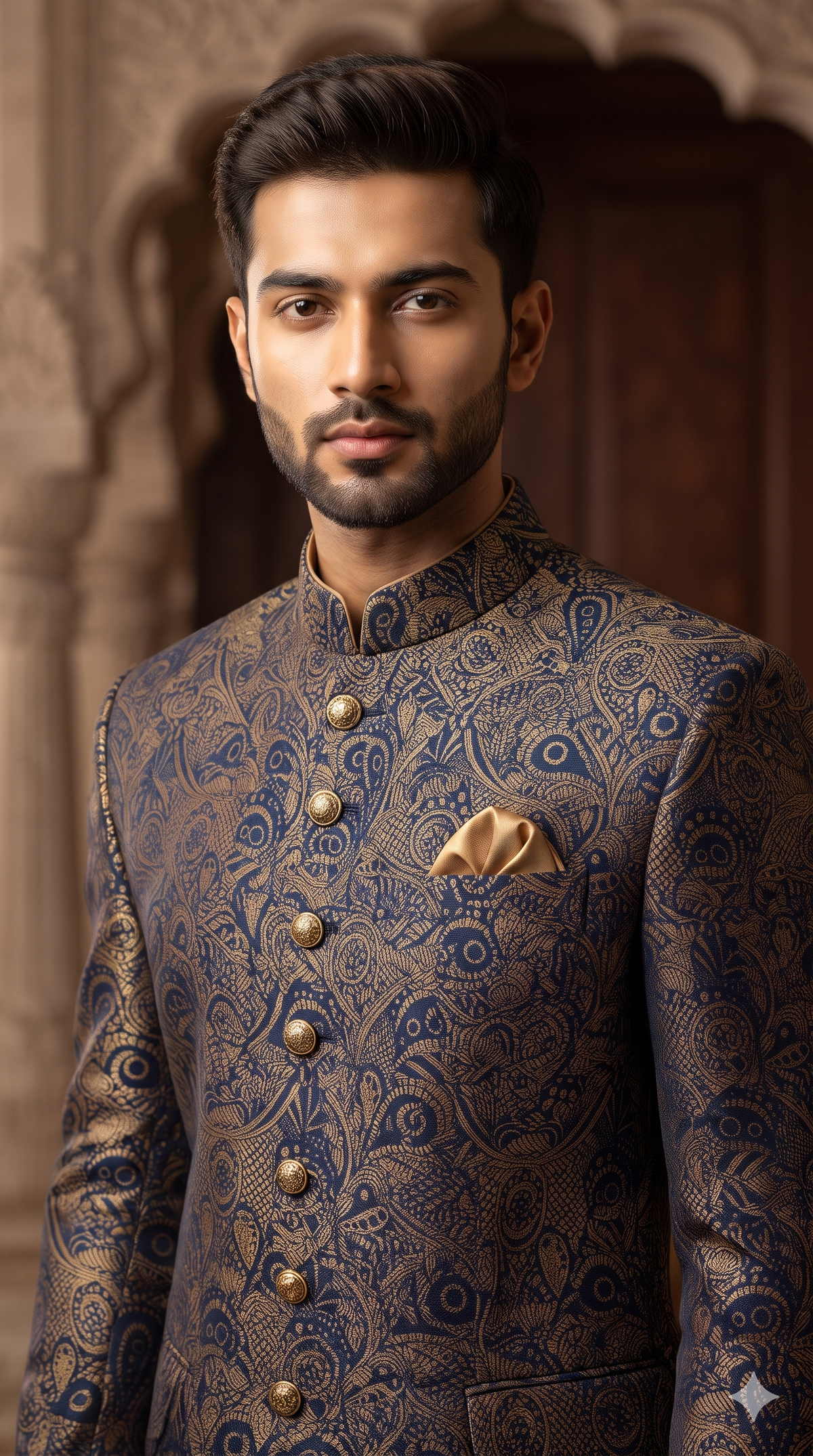 Achkan & Bandhgala Fabric ManTire Lachka Fabric With Jacquard Colour Golden Blue